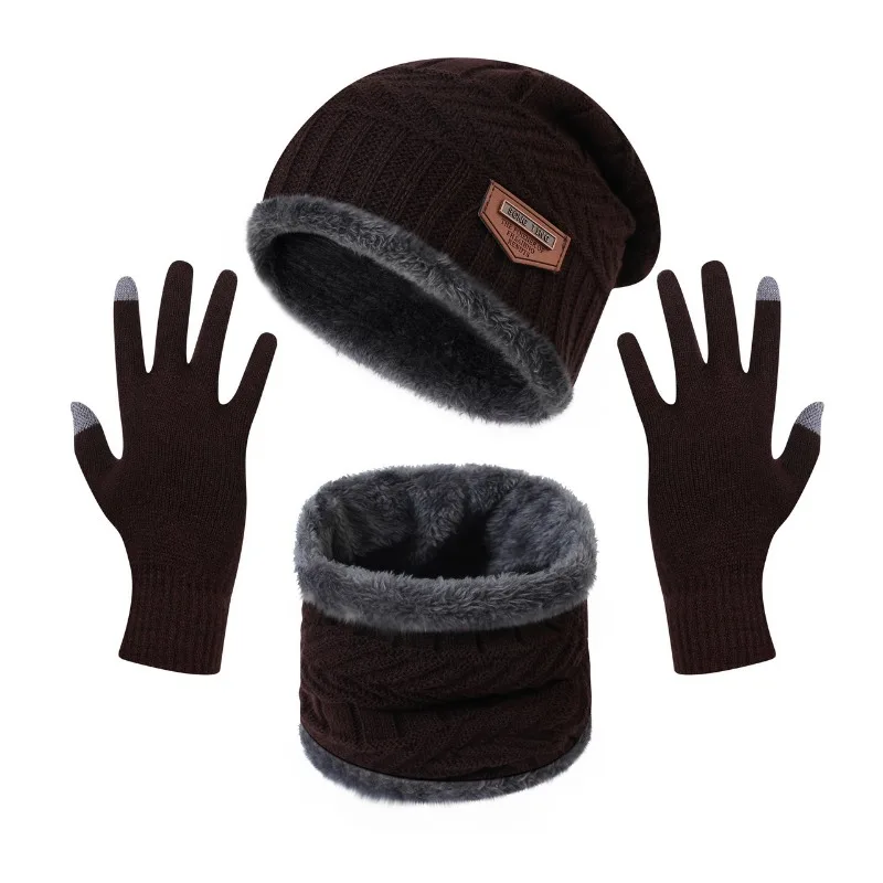 Men\'s Windproof Hat Outdoor Travel Leisure Winter Scarf Gloves Three-Piece Set Neck Warm Winter Thick Beanie Hat Knitted Hat Set