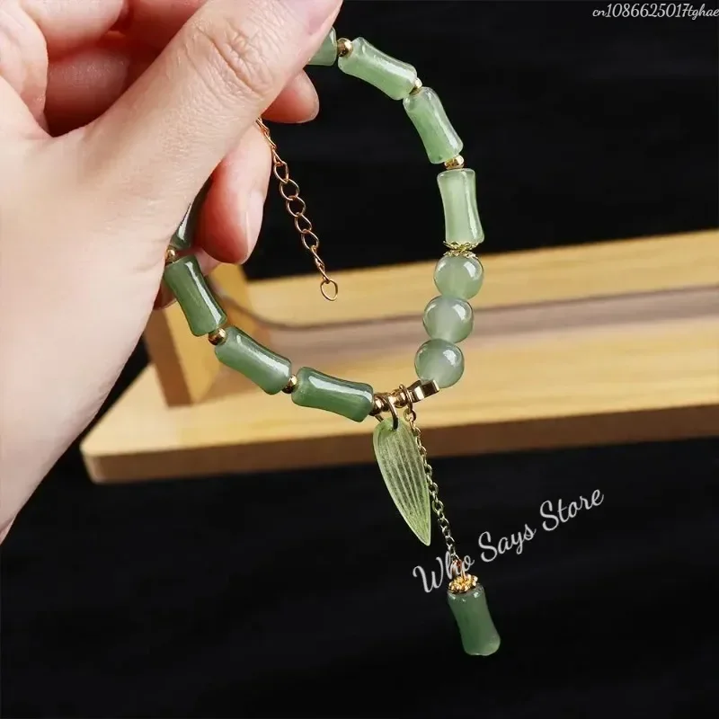 Chinese Style Green Bamboo Bracelet Bamboo Shape Leaf Imitation Jade Bracelet Classic Fashion Leaf Pendant Bracelet