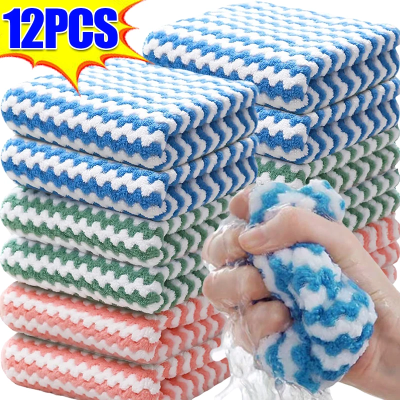 12/1Pcs Super Absorbent Dishcloths Coral Fleece Cleaning Cloths Thickened Kitchen Washing Dish Rags Glass Windows Wipe Towel