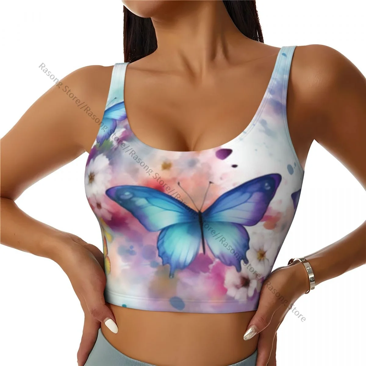 

Спортивный бюстгальтер для женщин, одежда для бега, йоги, жилет, акварельные бабочки и цветы, причудливый сбор, жилет для фитнеса