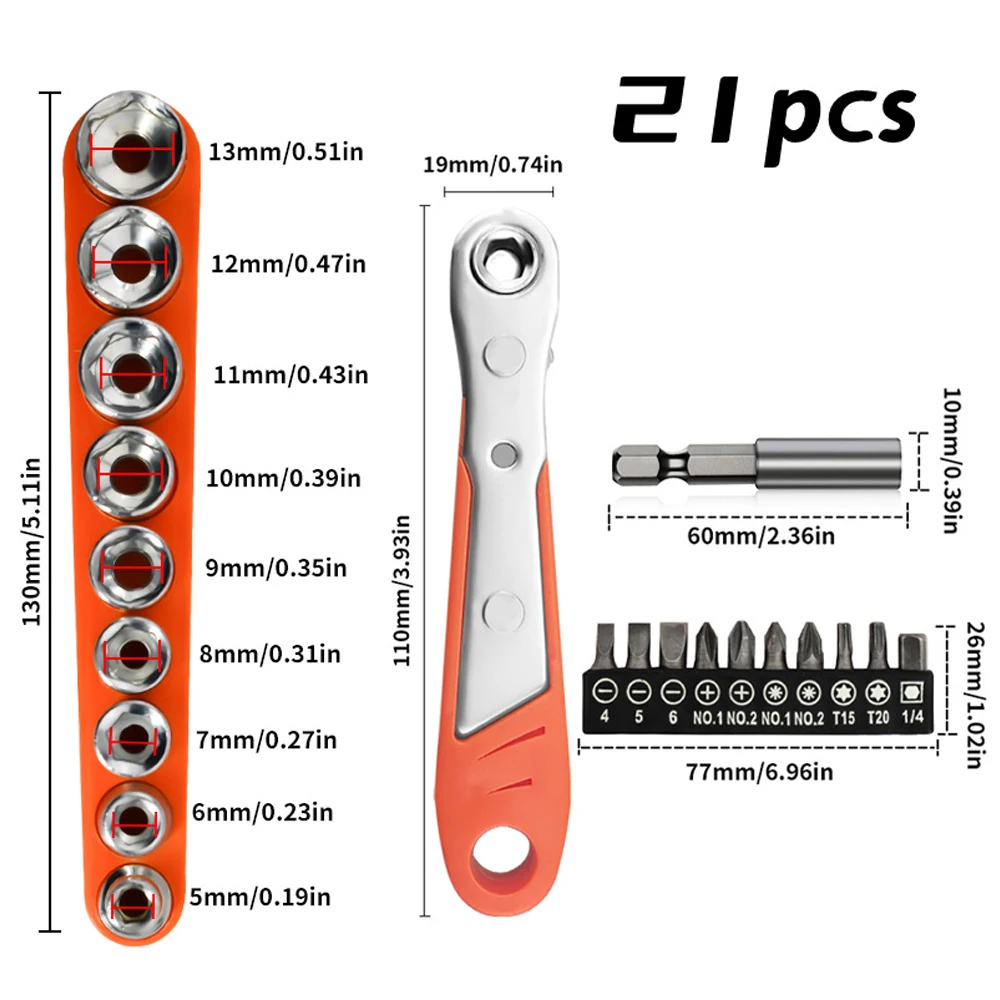 

1/4" Mini Forward and Reverse Driving Ratchet Wrench Screwdriver with 10pcs S2 Steel Bits ,9pcs sockets,1pc wrench Screwdriver