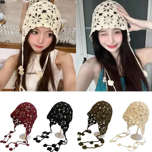 Imagen 2 del producto Pañuelo de punto de ganchillo, diademas de ganchillo Pastoral francesa, sombreros de punto huecos para primavera y verano, boinas de flores, jersey, Skullies