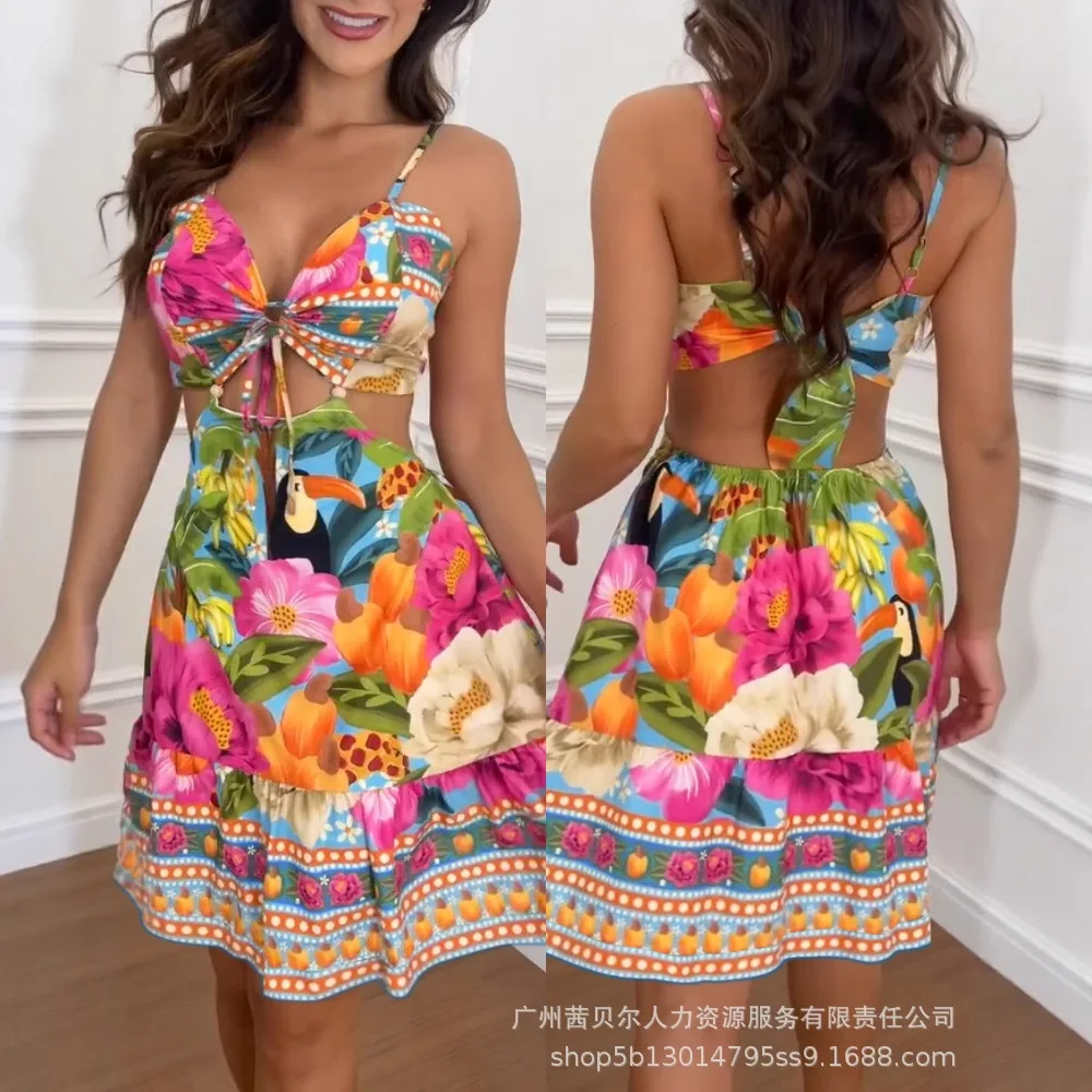 여성 섹시 바디콘 패션 스파게티 스트랩 타이 백 홀터넥 허리 트로피컬 프린트 드레스 휴가 드레스