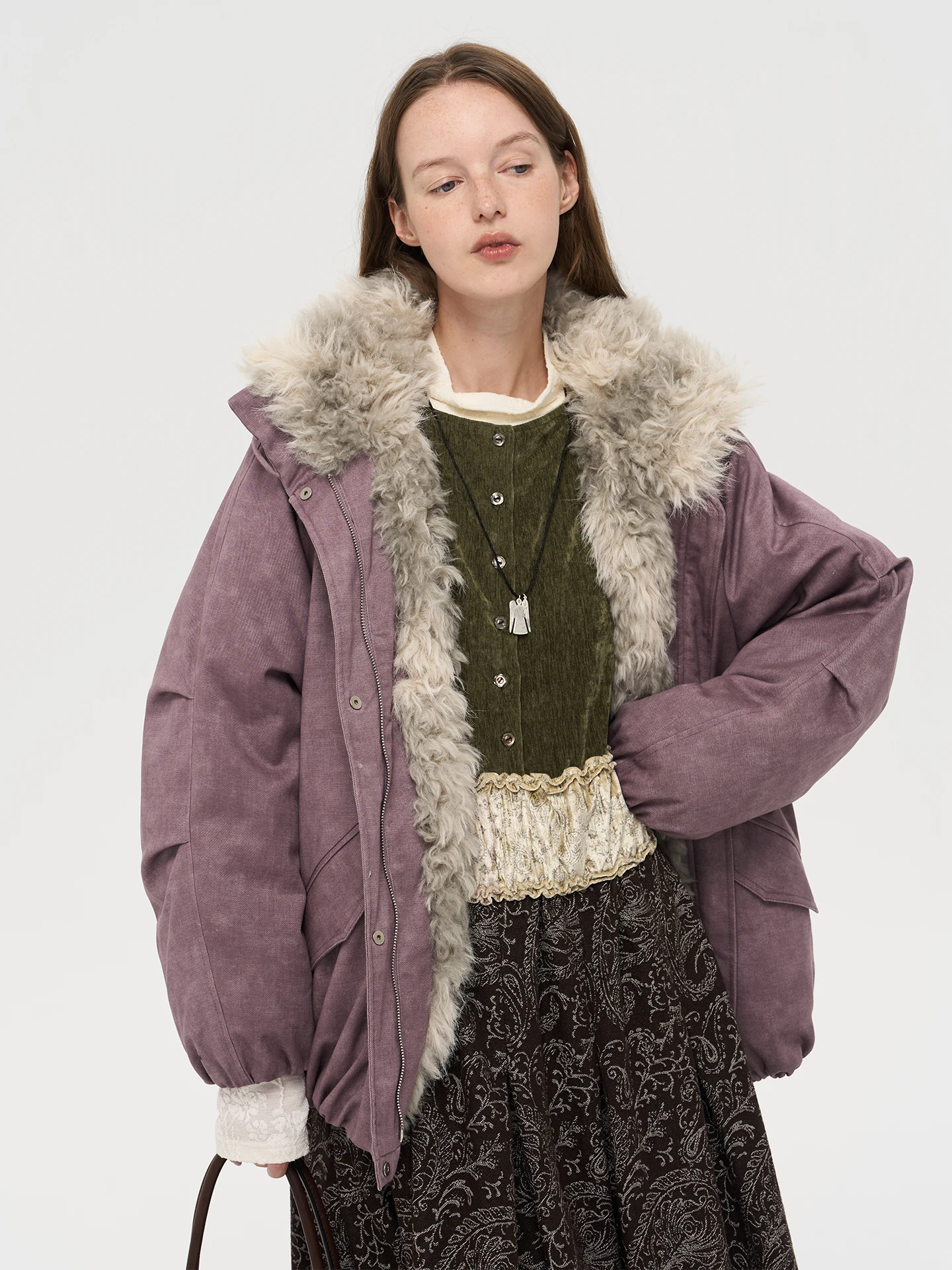 

Waed Warmth Mousse Fur Collar Bloom Cotton Jaet Parka Sle Winter Coat Simple Loose Fit Long Sve Zipper Closure