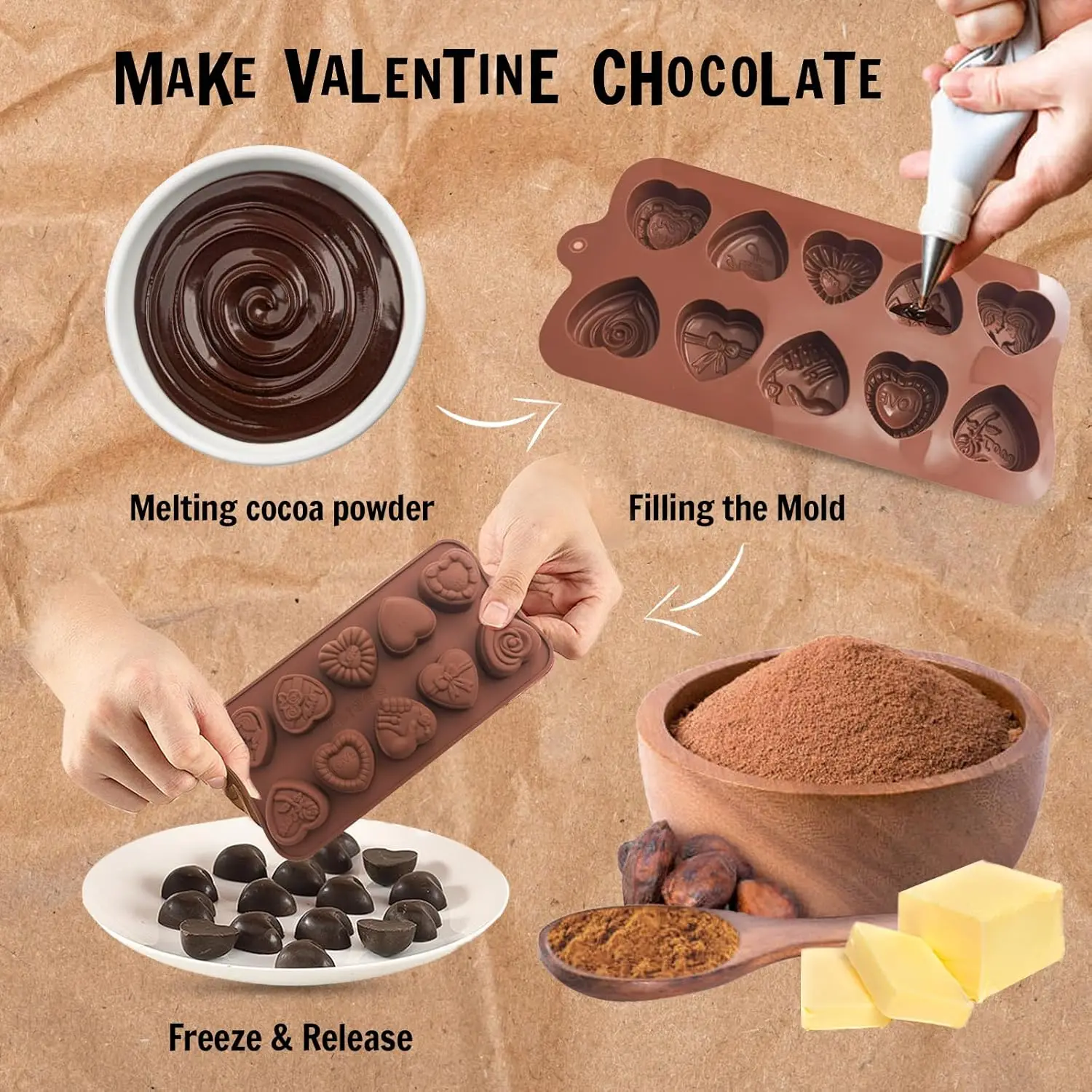 Heart Chocolate Molds 10-Design Love Rose Silicone Molds Non-Stick Baking Molds for DIY Chocolate, Candy, Gummy, Ice Cubes 6