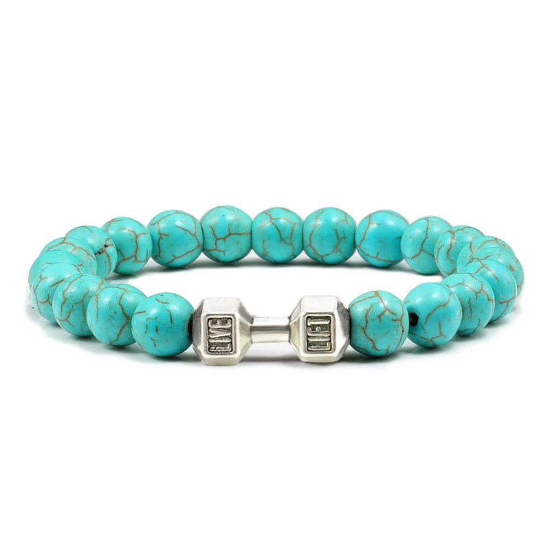 Natürliche Vulkanstein Armband Männer Matte Schwarz Lave Weiße Perlen Charme Hantel Strang Armbänder Frauen Barbell Fitness Schmuck