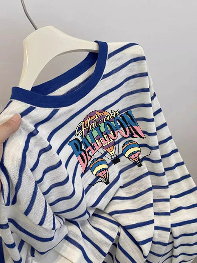 Lente zomer blauw gestreept lang Sve dames T-shirt rond Ne Faionable zonnebrandcrème airconditioning cover-up top