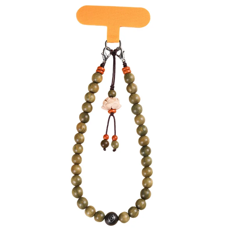 Green Sandalwood Lotus Phone Wrist Lanyard Beaded Charm Elegant Anti Loss Buddhist Blessing Gifts