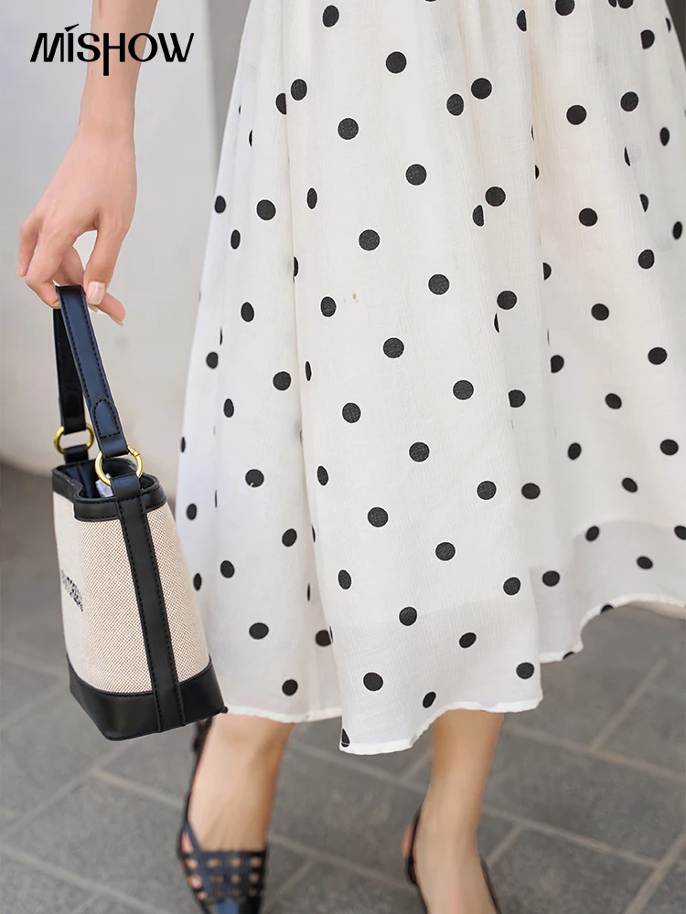 MISHOW Polka Dot Dress for Women 2023 Summer French Waist A-LINE Puff Sleeve Turn-down Collar Female Sweet Dresses MXC38L1452