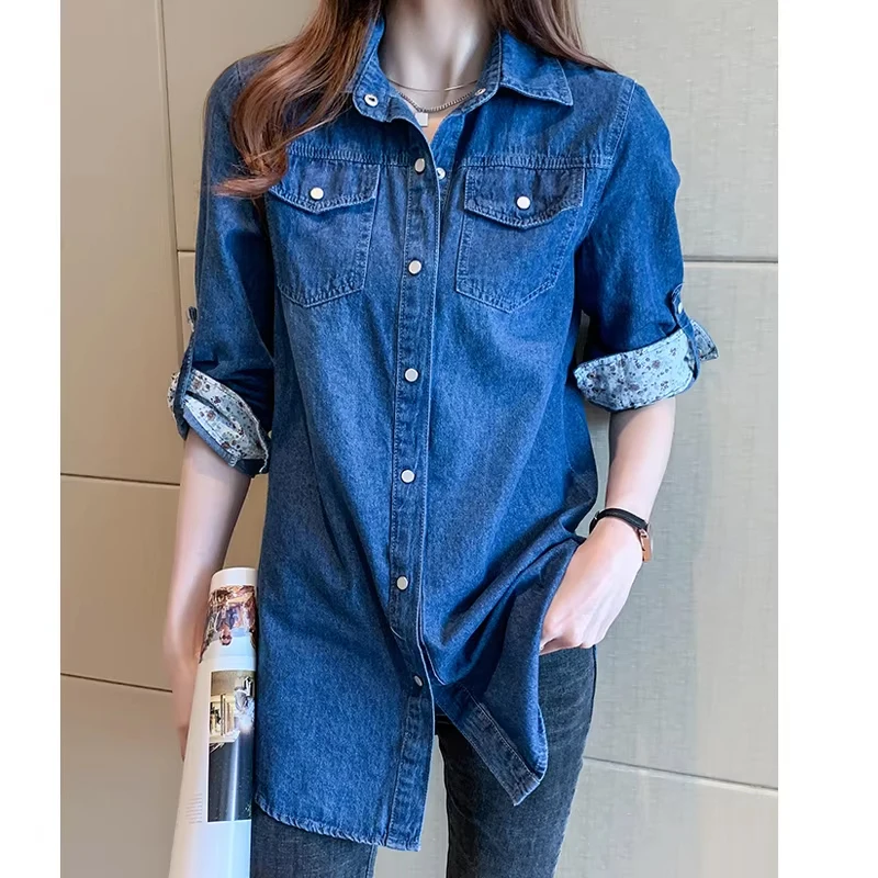 2025 الخريف الحلو طويلة الأكمام رقيقة قميص دينيم موضة المرقعة المرأة القمصان مع جيوب الكورية نمط المرأة بلايز 9837
