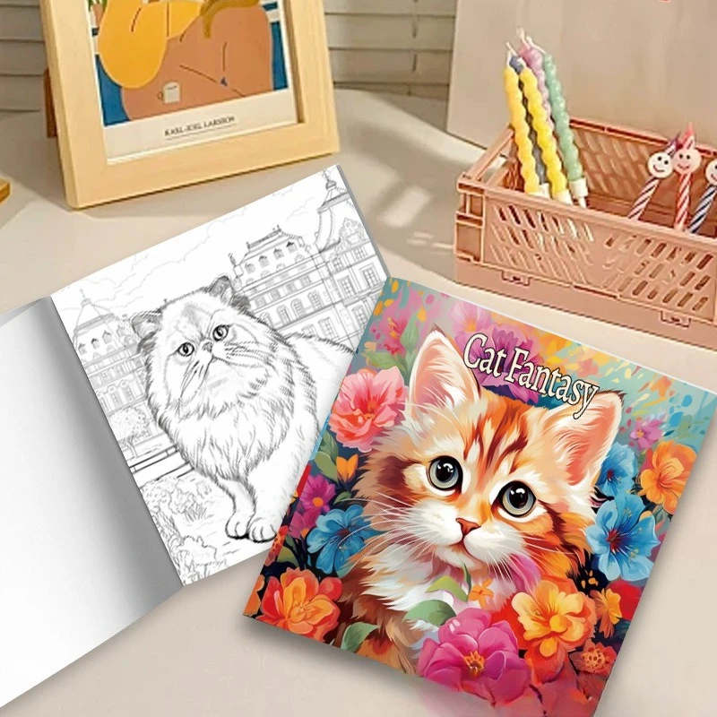 Whimsical Cat Fantasy Coloring Book Adorable Orange Tabby Cat Colorful Bloom Garden Flower Lovely Pet Sketch Notebook