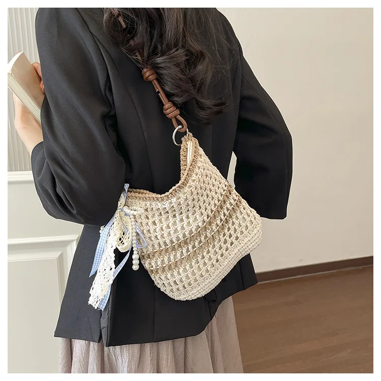 Summer Hollow Design Woven Shoulder Bags for Women Vacation Seaside Ladies Adjust Crossbody Bag Portable Female Phone Handbag