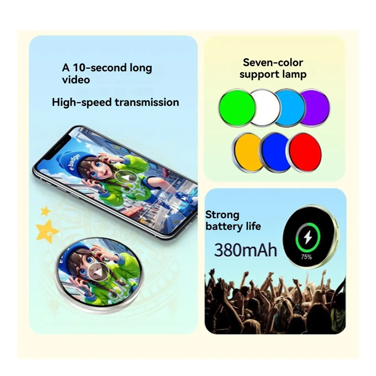 ▶○【On Sale】Electronic Badge Dynamic Light-Up E-Badge Bluetooth 1.5-Inch Touchscreen Magnetic Anime//Celebrity Black