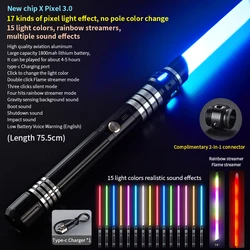 REikirc Lightsaber 17 Pixel 15 Colors Light Effects Light Saber Metal Laser Sword Rechargeable Toys Party Luminous Swords