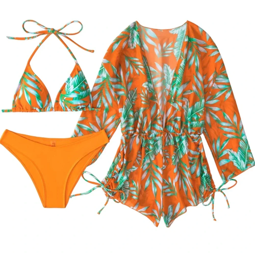 Sexy Print Bikini Set Three Piece Swimming Suits Bathing Suit Woman Beachwear High Waist Drawstring Swimsuit Women Swimwear