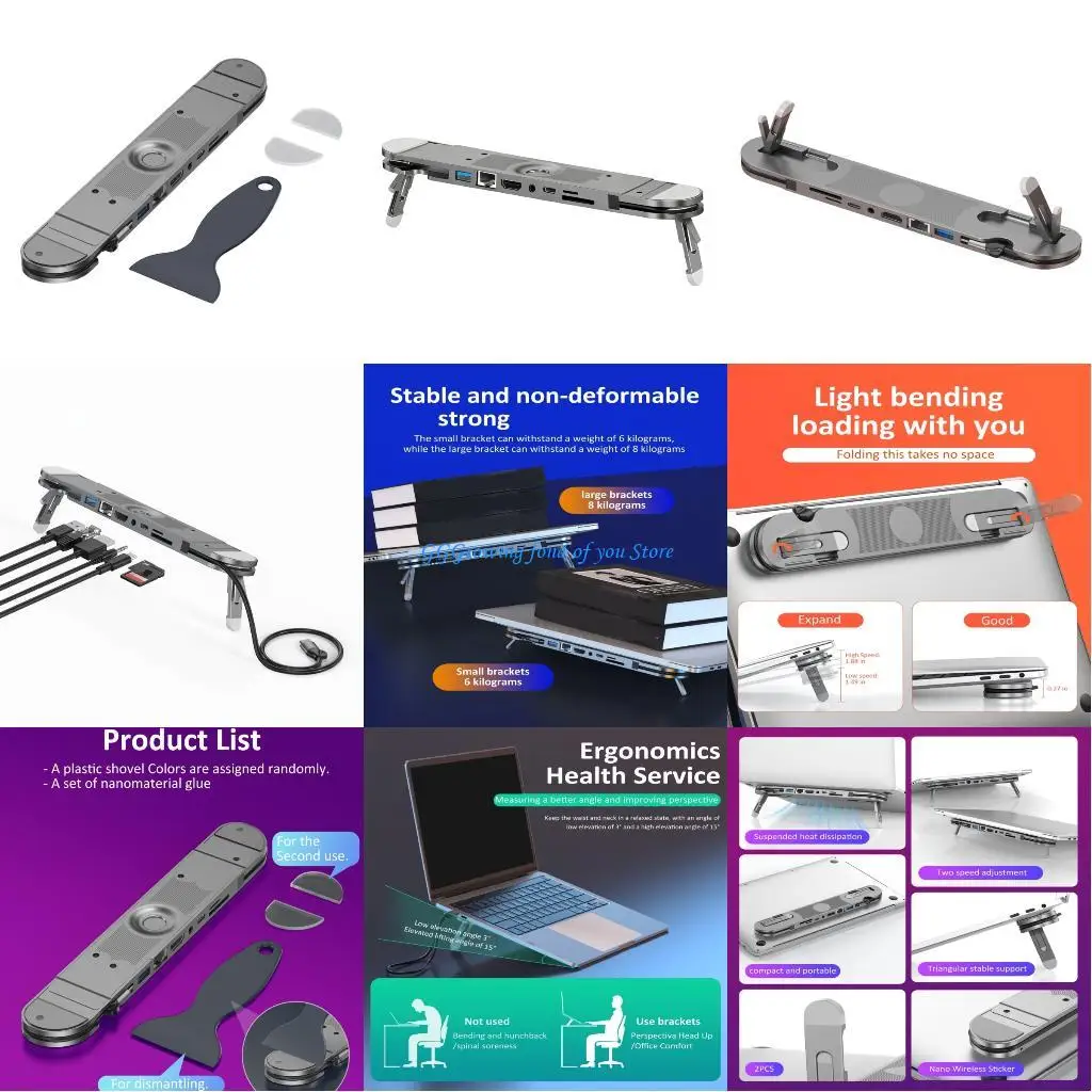 

H9EB Universal USB C Laptop Stand Dock 7 Port 4K60Hz PD100W Charging Gigabit Ethernet Foldable Aluminum Shell For Laptop