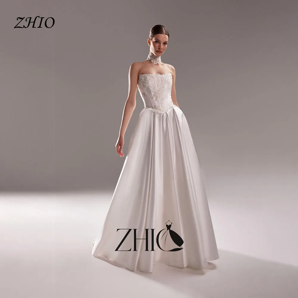 ZHIO Graceful Strapless Ivory Satin A Line Wedding Dress Lace Appliques Corset Lace Up Back With Pocket Bridal Customized