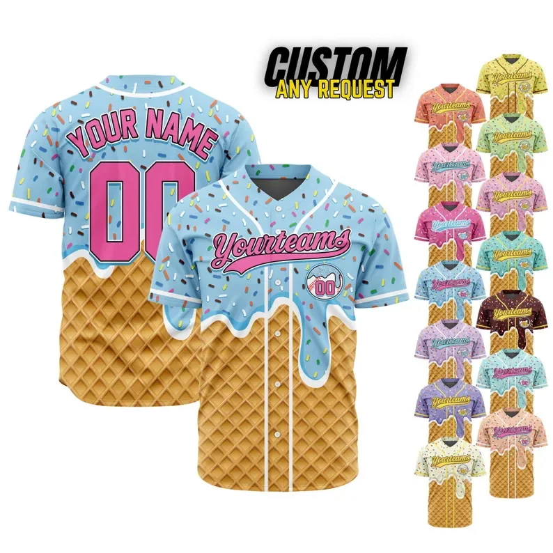 Custom Name Number Ice Cream Baseball Jersey Men Sprinkles Print Button Down Short Sleeve Funny Baseball Uniform Tops