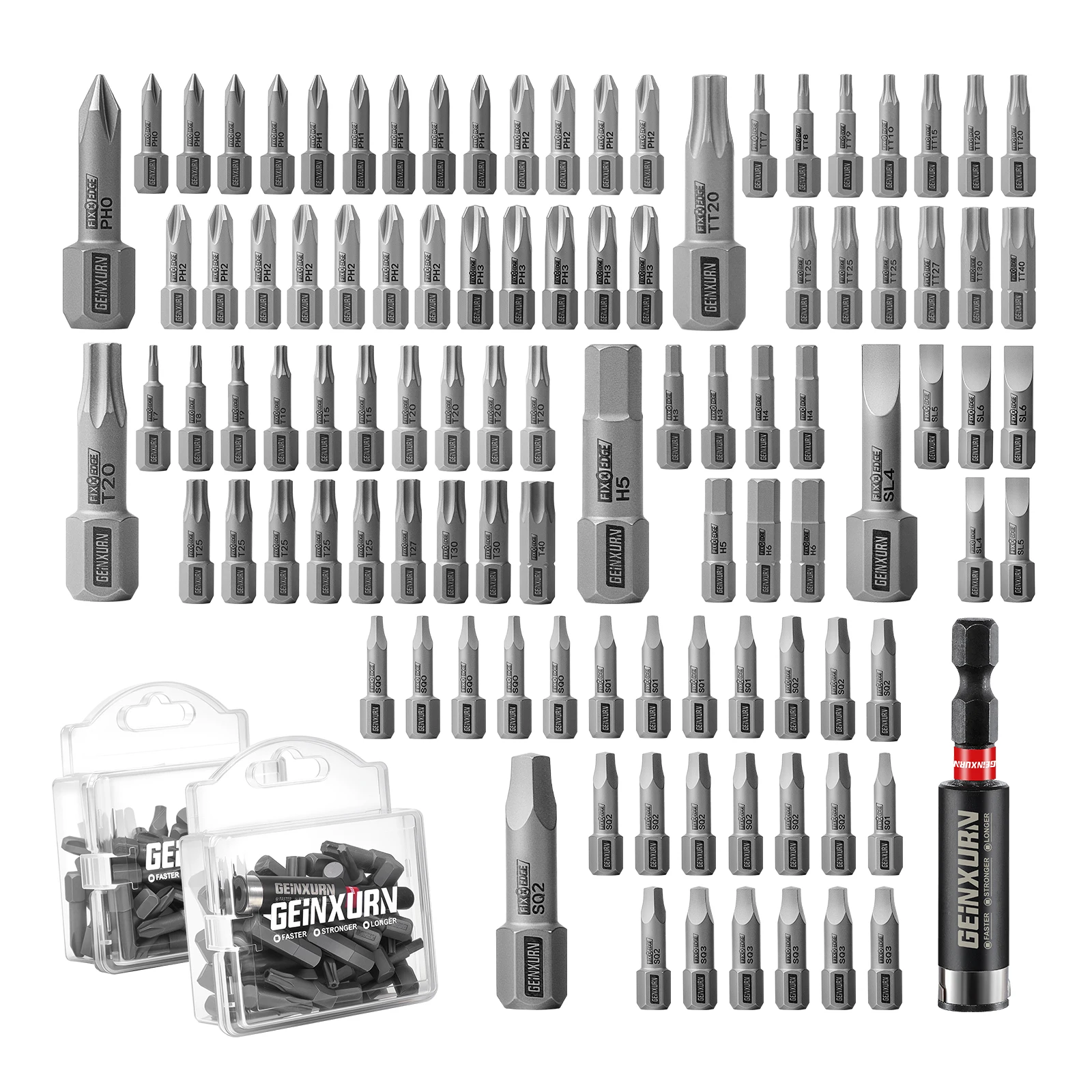 

Geinxurn 101Pcs Fixedge Screwdriver Bit Set,1“magnetic S2 steel bits (Ph/Slotted/SQ/Torx/Hex) with Bit Holder and portable case