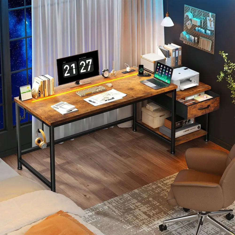 

56 Inch Gaming Desk With Power Outlet LED Lights Computer Desk With Fabric Drawer Storage Shelf Small Desk For Bedroom,Dorm