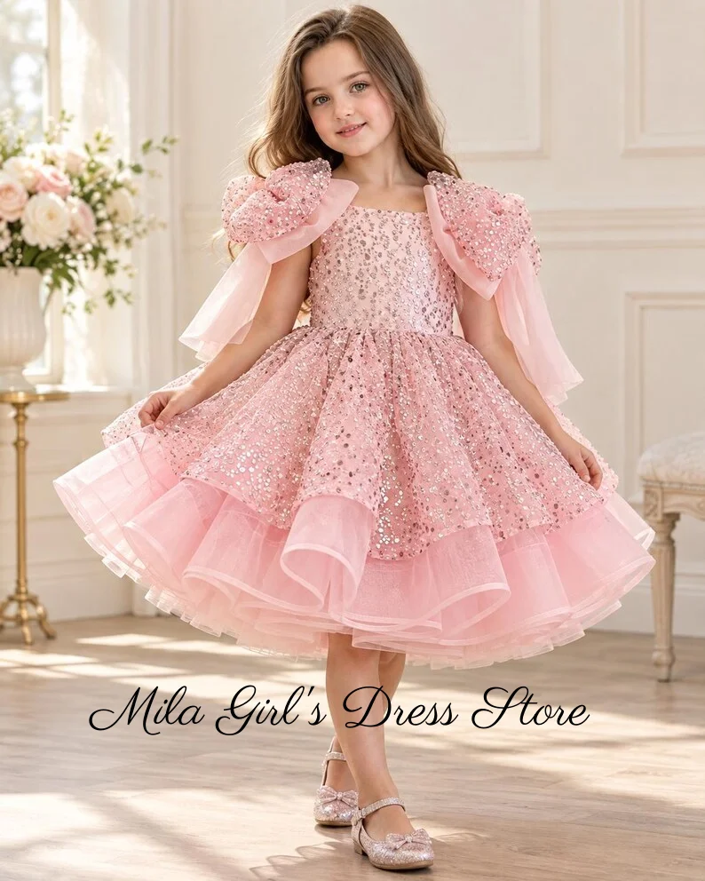 Pink Flower Girl Dress For Wedding Glitter Shining With Bow Cute Baby Sort Pageant Dress Princess First Communion Ball Gowns