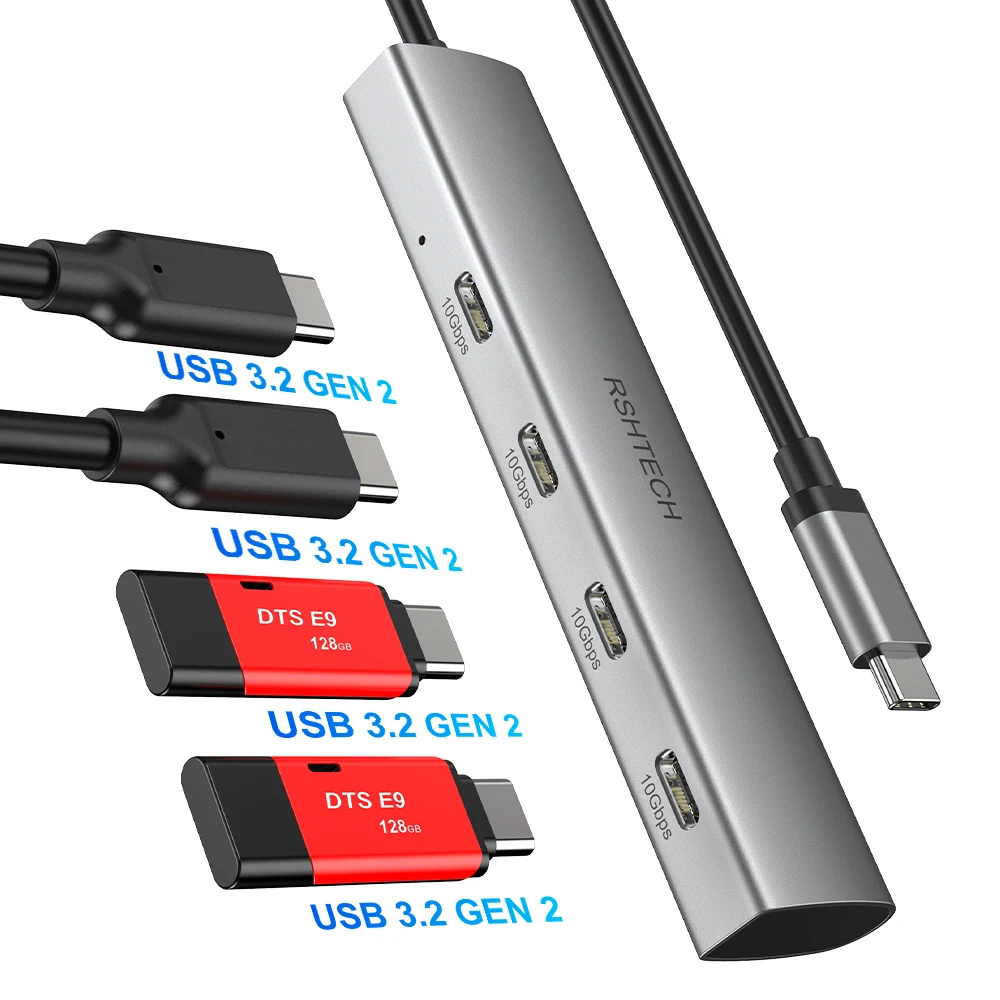 RSHTECH USB C Hub 10Gbps 4-Ports USB-C 3.2 Dongle Ultra Slim Data Hubs Portable Splitter for Laptop MacBook Pro Thunderbolt