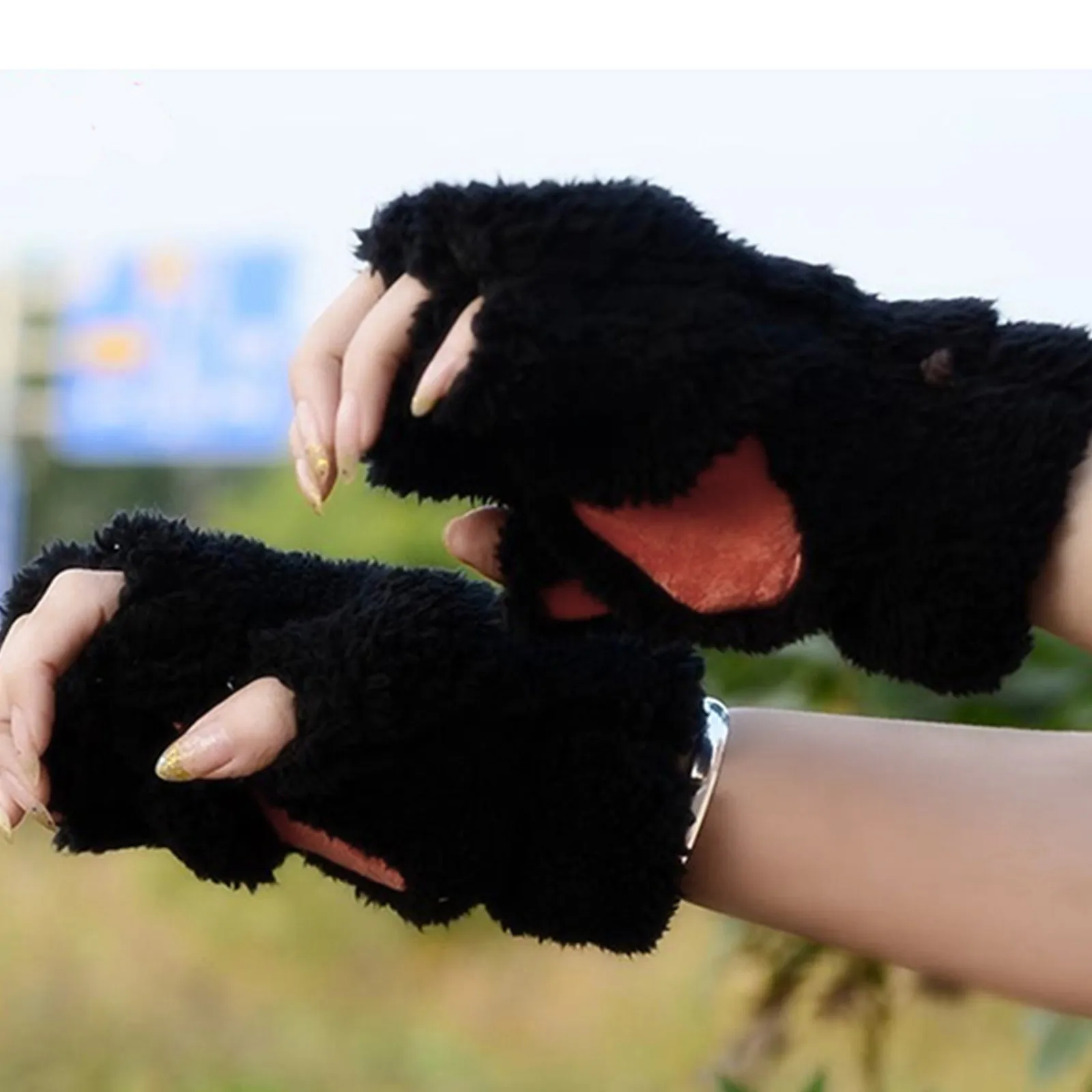 

Warm Cute Thick Fleece Bear Paw Fingers Half Winter Mittens Gloves Women Cartoon Cat Claw Gloves Thicken Fingerless Plush Bears