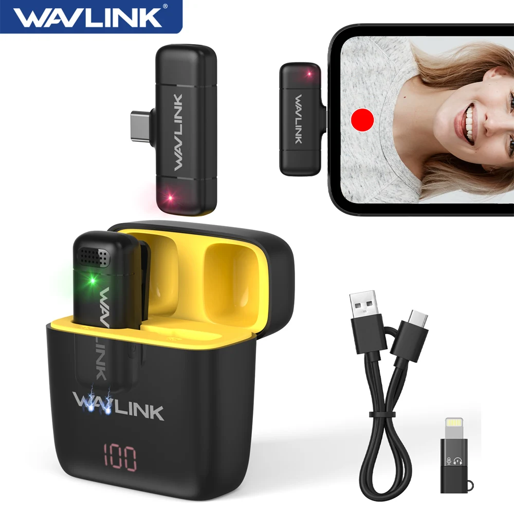 WAVLINK Wireless Lavalier Microphone For iPhone Android Vlog Clip on Lapel Mic System & Lightning & USB-C Inputs & Battery Case