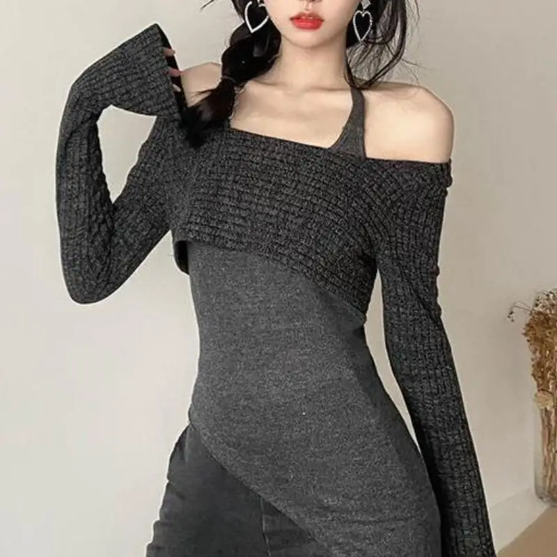 

Pure desire sexy layering fake two irregular tops for women's spring and summer fashion versatile slim fit base shirt new style