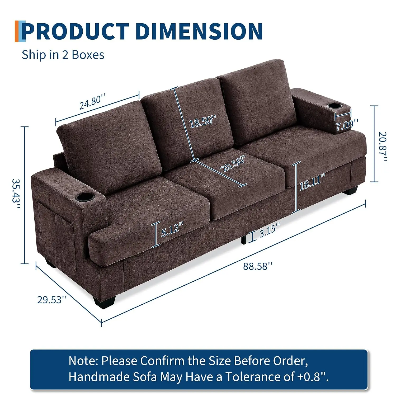 Ultra-soft plush fabric,with Cup Holders,side storage pockets, sturdy frame for living room, apartment, or office.