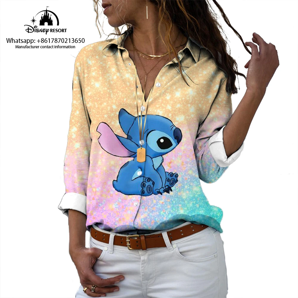 Street New 3D Fashion Harajuku Lapel Long Sleeve Single Breasted Shirt Lilo and Stitch Anime Print Casual Shirt Y2K