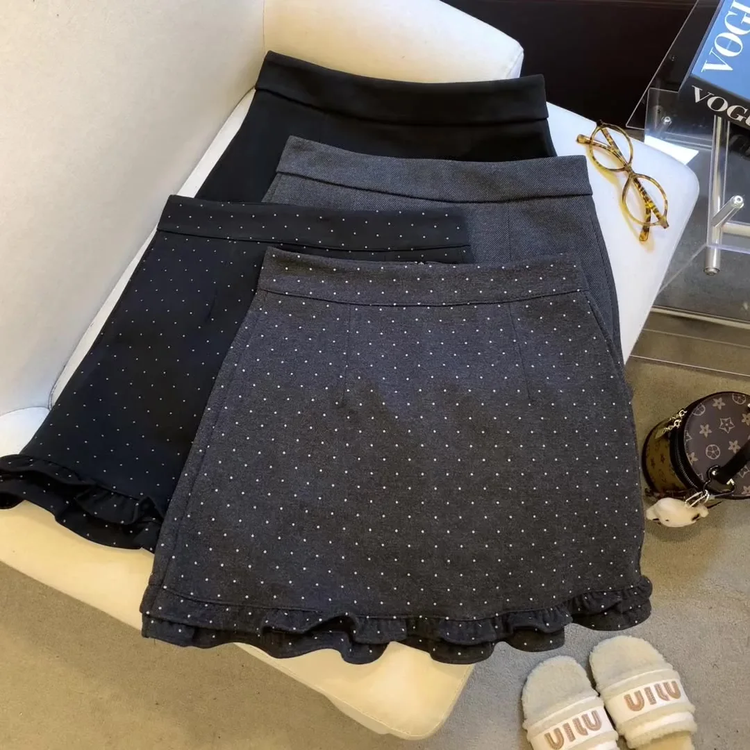 Retro Fashion Polka Dot High Waist Holiday Versatile Skirt Women's 2026 Autumn and Winter Ruffle Edge Sexy Club Hip Short Skirt