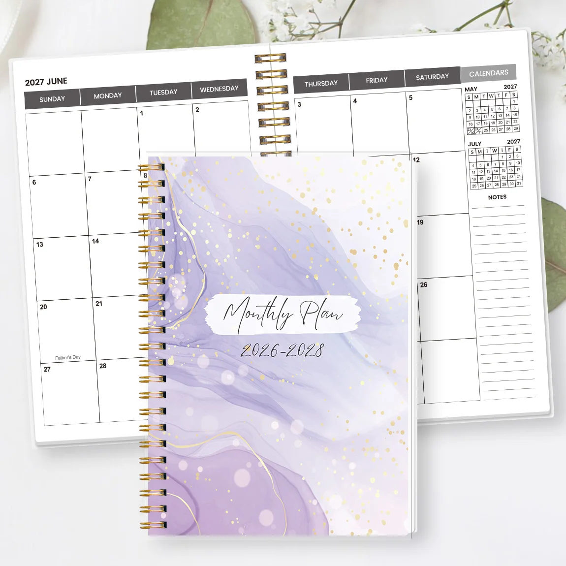 1PC 2026-2028 Monthly Planner, A5 8.15 x 5.71 in Gold Spiral Purple Marble Calendar Notebook for Work Home Planning