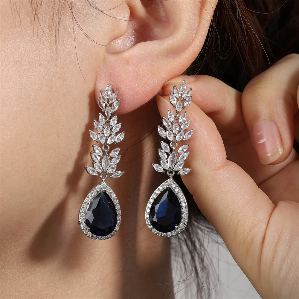 ZAKOL Luxury Leaf Cubic Zirconia Long Bridal Earrings for Women Fashion Water Drop Silver Color Wedding Jewelry Bijoux
