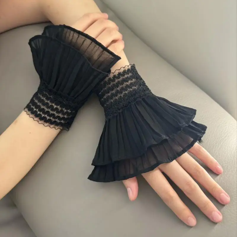 Female Sweater Fake Sleeves Hollow Out Crochet Floral Lace Horn Cuffs Embroidery Flounces Ruffles Elastic Wrist Warmers