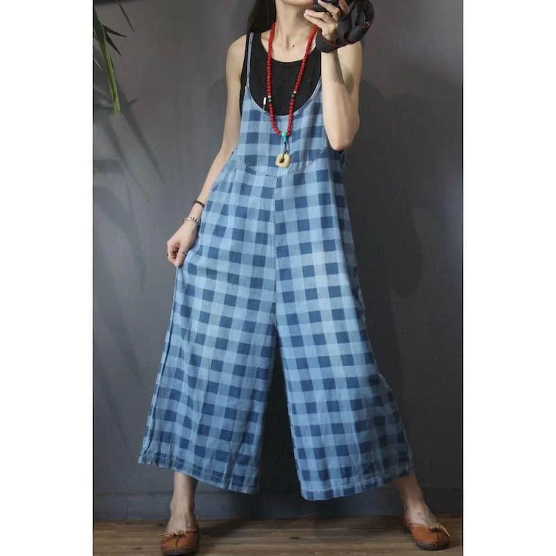 Plaid Jumpsuits for Women Summer Denim Wide Leg Pants Vintage One Piece Outfit Women Clothing Safari Style Loose Casual Rompers