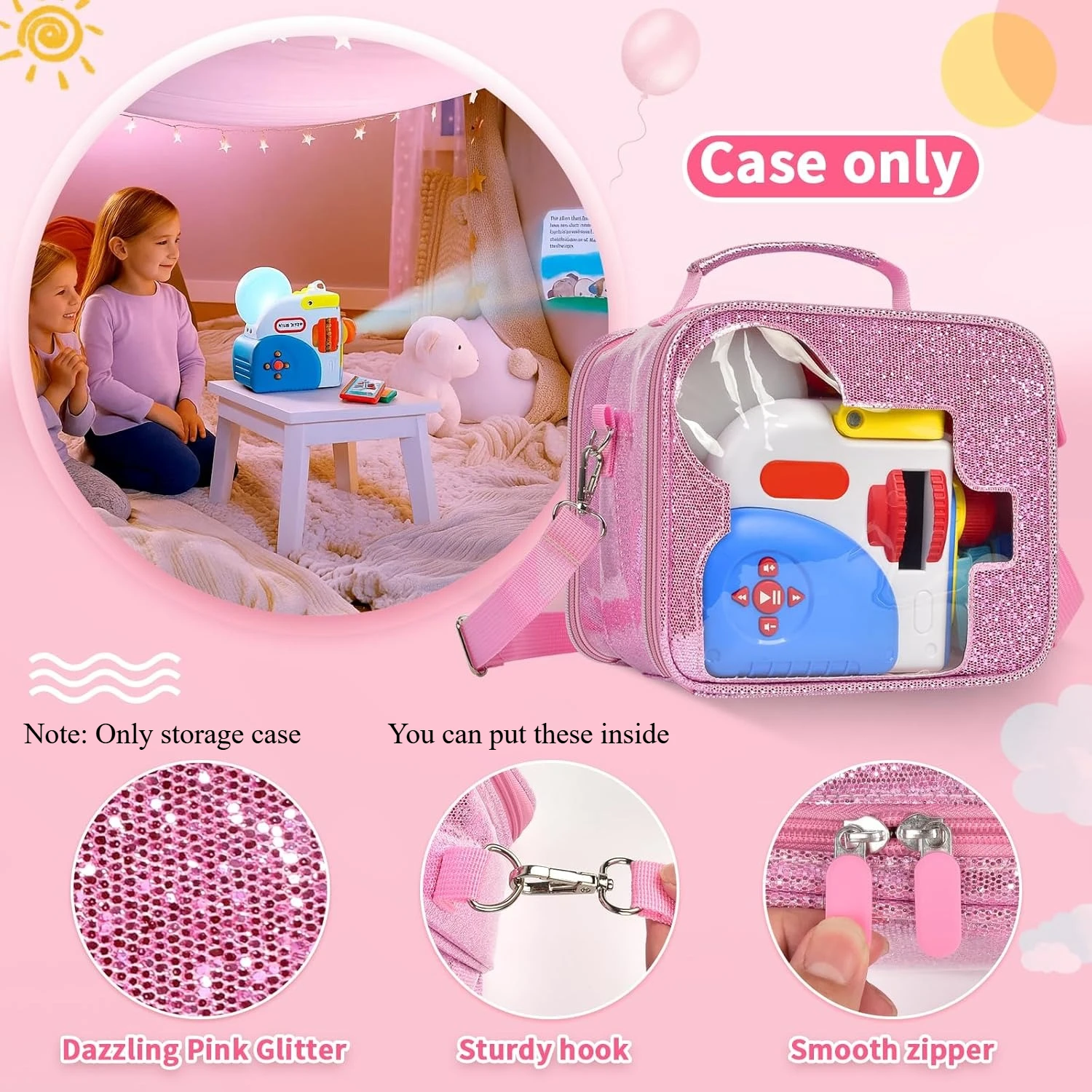 （CASE ONLY)Kids Story Projector Case, Portable Storage Bag for Toddler Toy with Glitter Design, Organizer for Storytime Books &