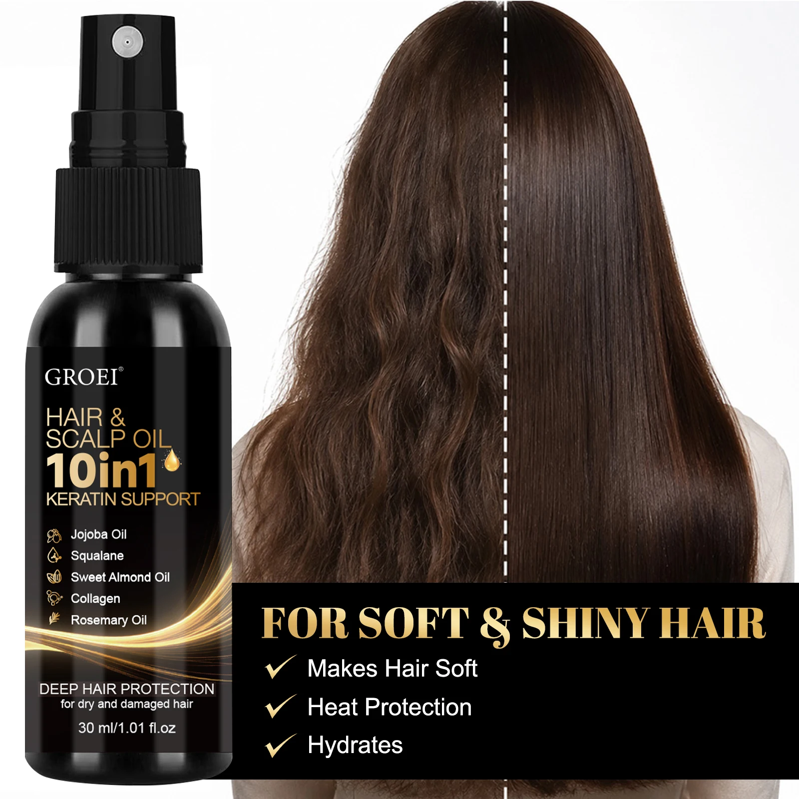 10-in-1 Hair and Scalp Oil Spray 30ml – Keratin, Jojoba and Rosemary for Heat Protection, Anti-Frizz and Deep Nourishment