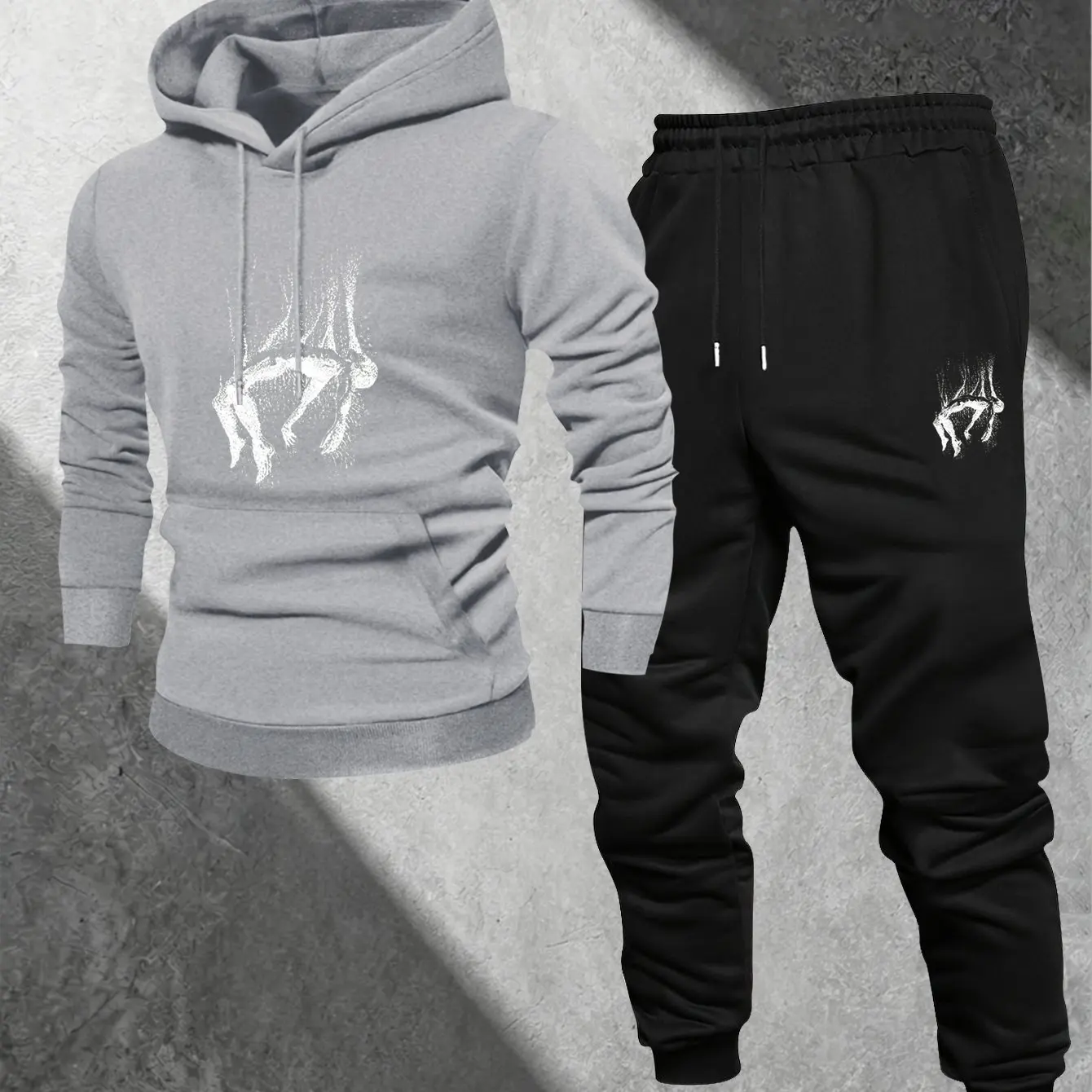 Men's Two-piece Street-style Sports Outfit, Featuring A Gravity-defying Human Pattern Print, A Loose-fitting Hooded Sweatshirt