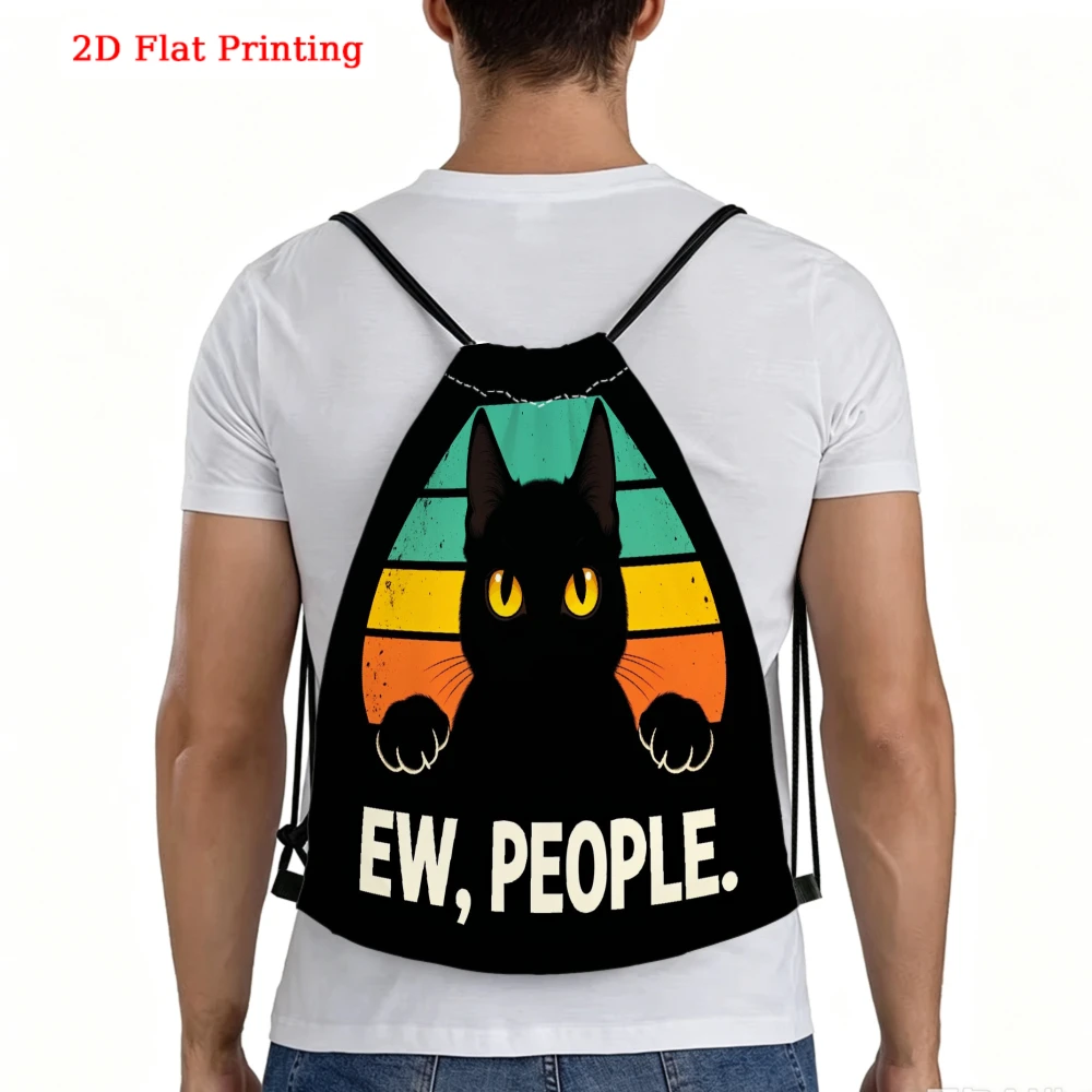 Vintage Retro Style, Drawstring Backpack, Funny Black Cat Ew People Graphic Print, Gym Sports Bag, Outdoor Travel Cinch Sack