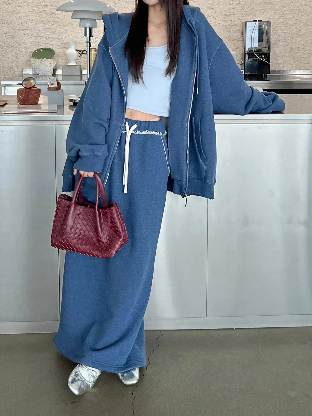 

Loose Fit High Waist A-Line Skirt Korean Sle Patchwork Belted Versatile Mid-Length f Body Skirts Casual Cotton Blend