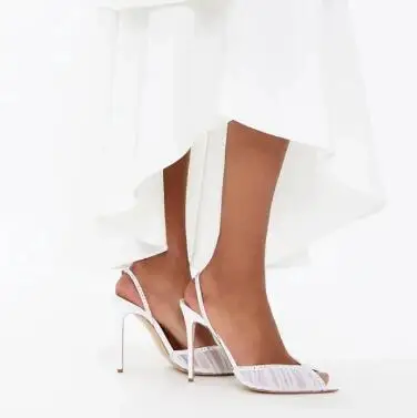 

Elegant Women White Black Lace Air Mesh Pleated Bling Crystal Pointed Peep Toe Slingback Pumps Lady Thin Heels Wedding Shoes