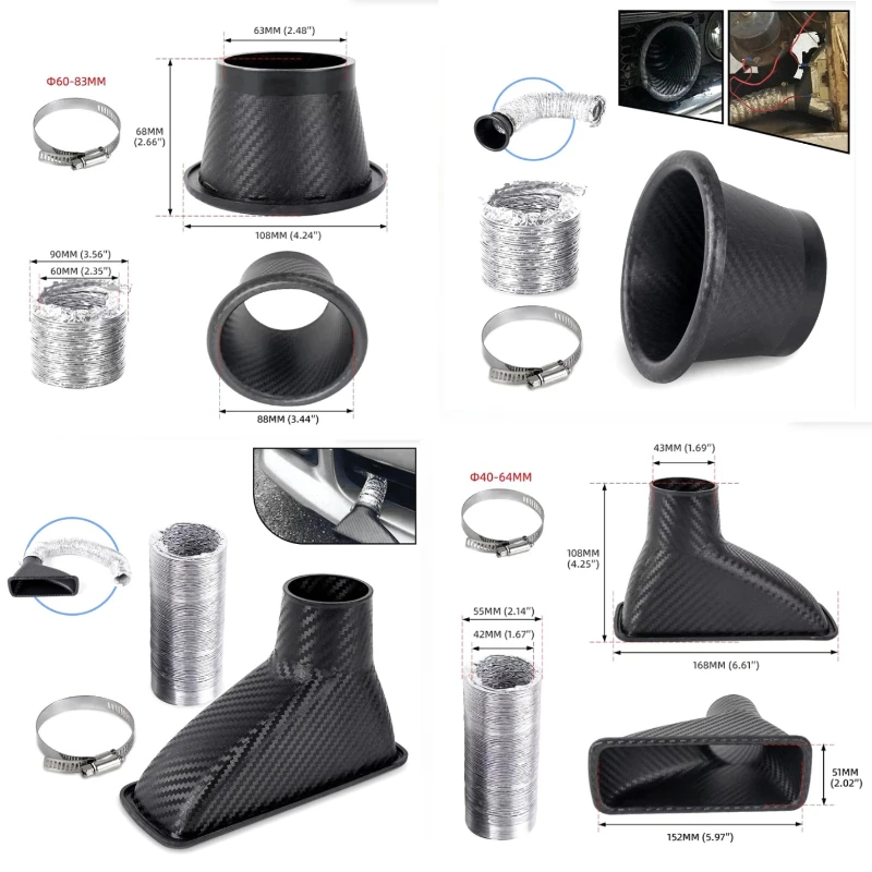 

Universal Car Front Bumper Admission Air Turbo Air Intake Pipe Kit ABS Turbine Inlet Kit Pipe Air Funnel Carbon Fiber Look