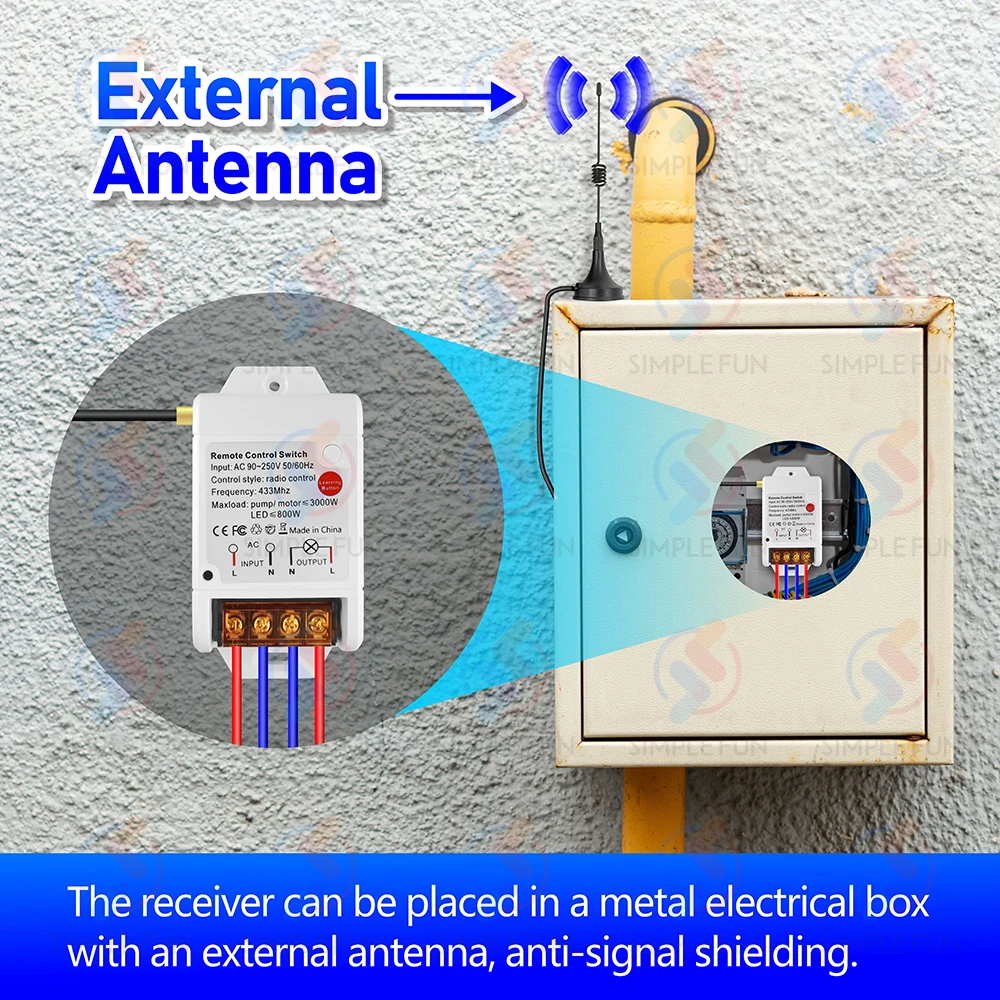 Wireless Pump Remote Control Switch 110V 220V,3000m Remote,30A High Power RF Module with 2m External Antenna,for Motor/Fan/Light