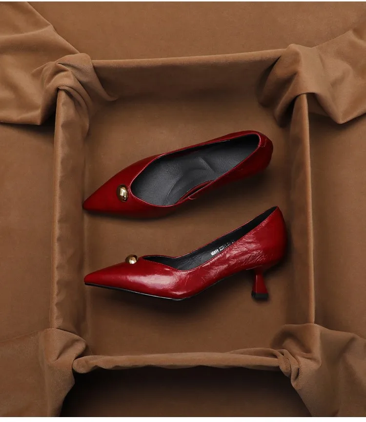 SHOEBOX Real leather one foot versatile slim heel high heels for women 2026 summer Golden Bean commuting pointed shallow mouth