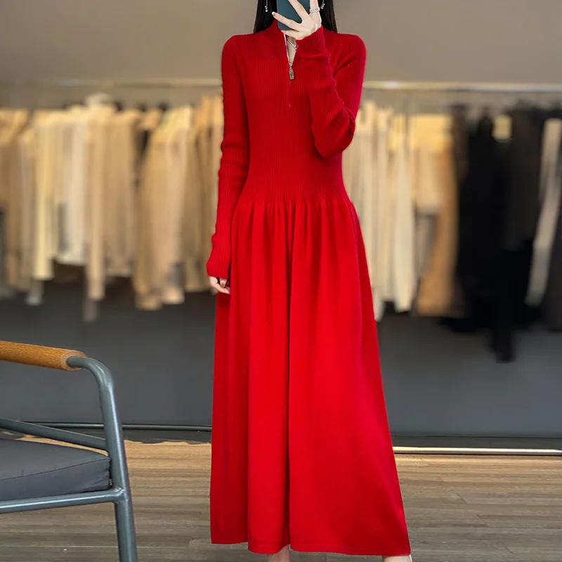 Korean Stand Collar Dress Female Autumn/Winter100%Merino Wool Knitted Dress and Calf Maxi Dress Fashion Waisted High-neck Dress