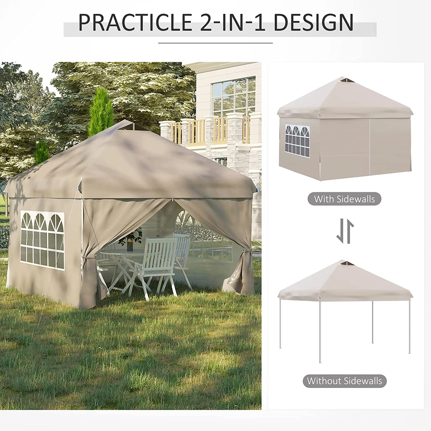 Luxury 3x3 Pop-Up Canopy Tent Gazebo Window Walls Mosquito Net Aluminum Frame PVC Material Steel Iron Arch Wood Sunshade Screen