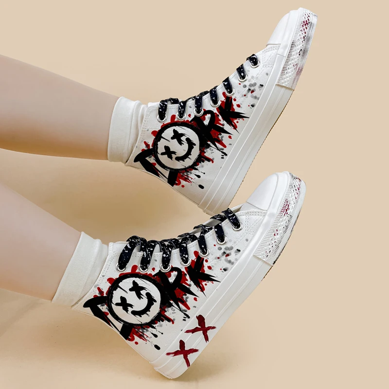 Amy and Michael 2024 New Fashion Trendy Sneakers Unique Graffiti Canvas Shoes Woman Vulcanize Shoes Female High Top Casual Flats