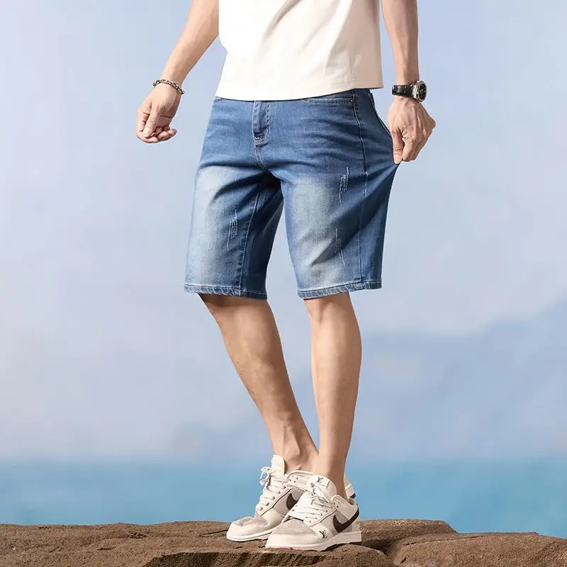 Summer Lightweight Ripped Denim Shorts Men’s Loose Straight Cut Korean Trend Medium Long Casual Wear