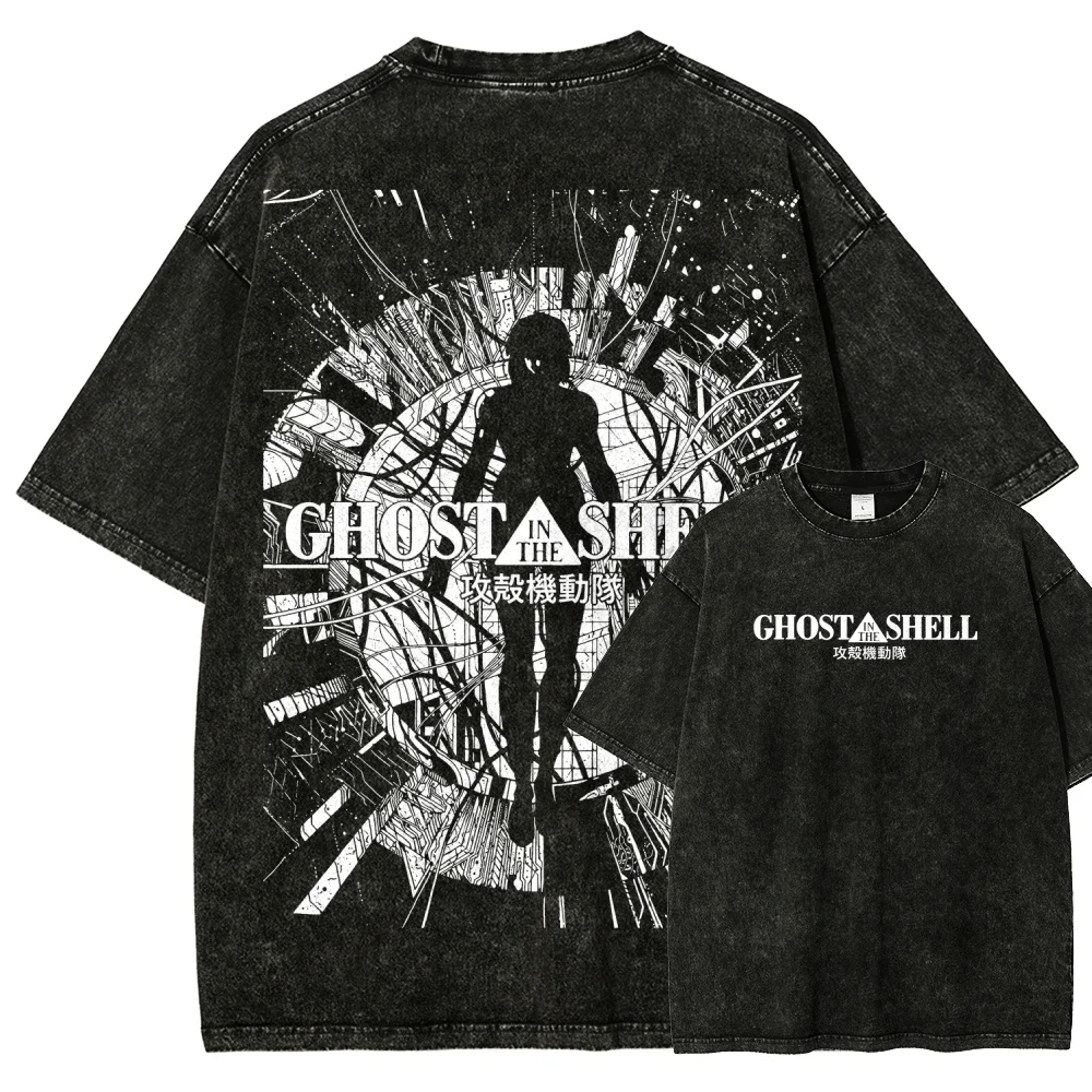 Ghost In The Shell Neon Green Cyber Character Print T-shirt Washed Oversized Cotton Casual Streetwear Tee For Vintage Anime Fans view 2